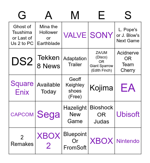 The Game Award Announcements - 2024 Bingo Card