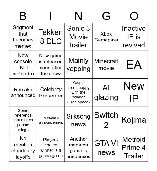 Game Awards 2024 Bingo Card