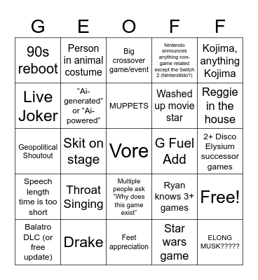 Video Gaymer Awards Bingo Card