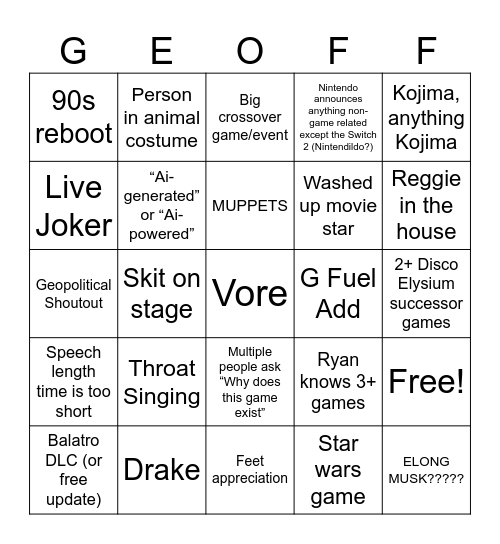 Video Gaymer Awards Bingo Card