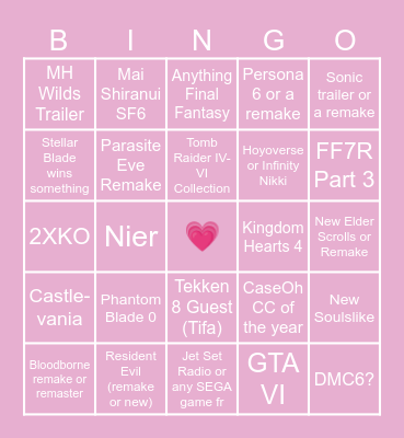 Game Awards Bingo Card