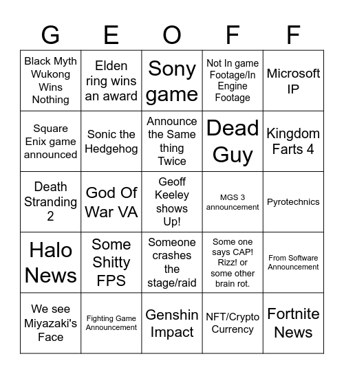 Game Awards 2024 Bingo Card
