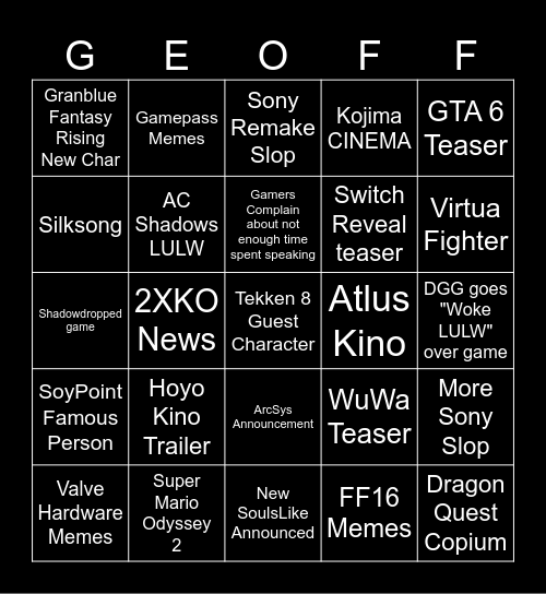 TGA 2024 Bingo Card