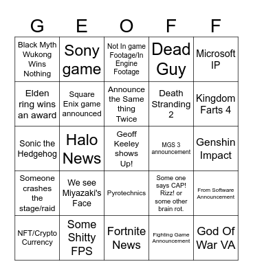 Game Awards 2024 Bingo Card