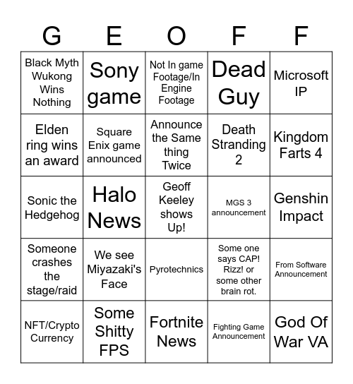 Game Awards 2024 Bingo Card