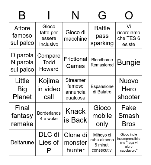 Game Awards 24 Bingo Card