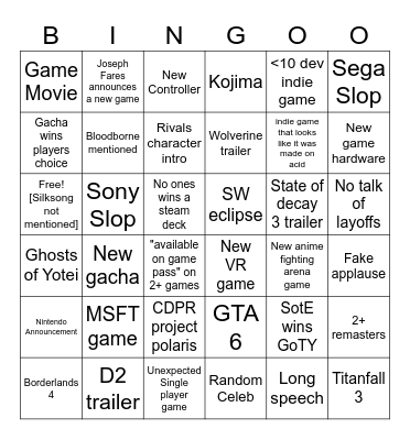 Game Awards Bingo Card