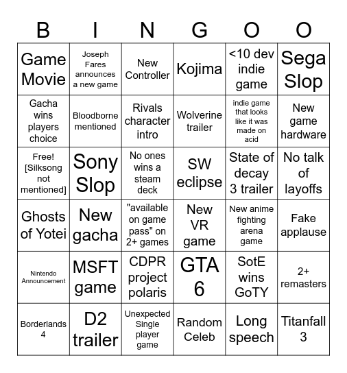 Game Awards Bingo Card