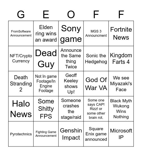 Game Awards 2024 Bingo Card