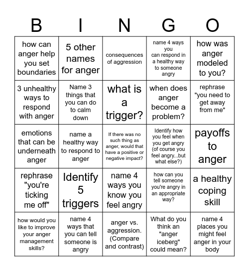 Anger Management Bingo Card