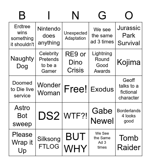 Game Awards 2024 Bingo Card