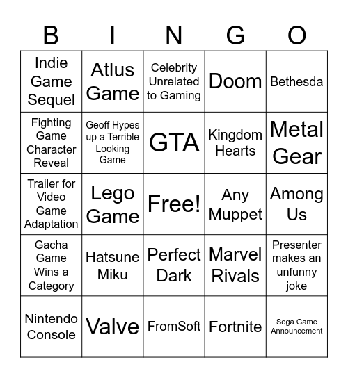 Game Awards 2024 Bingo Card