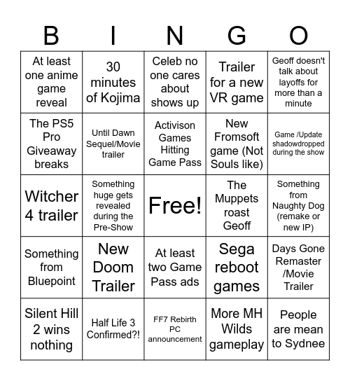 The Game Awards 2024 Bingo Card