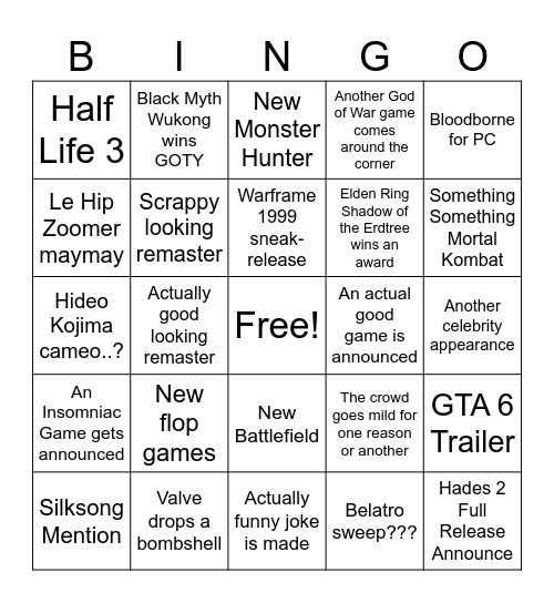 Game Awards Bingo Card