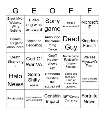 Game Awards 2024 Bingo Card