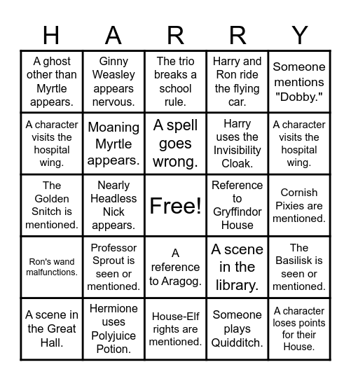 CHAMBER OF SECRETS Bingo Card