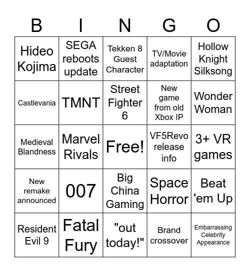 The Game Awards 2024 (including pre-show) Bingo Card