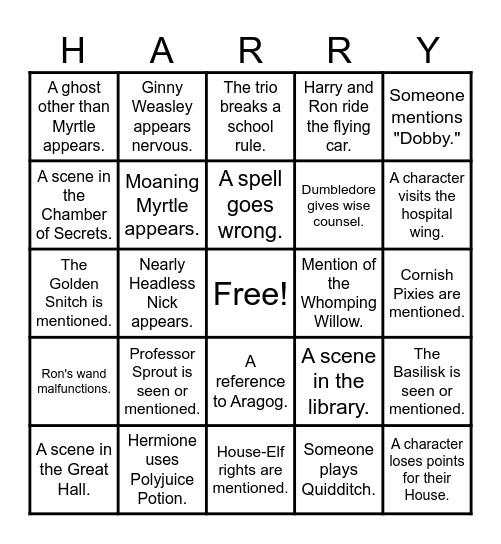 CHAMBER OF SECRETS Bingo Card