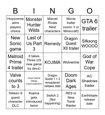 Game Awards 2024 Bingo Card