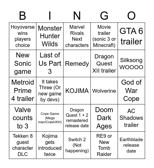 Game Awards 2024 Bingo Card
