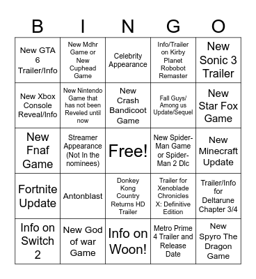 The Game Awards Bingo Card