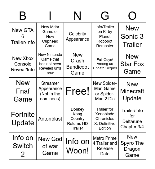 The Game Awards Bingo Card