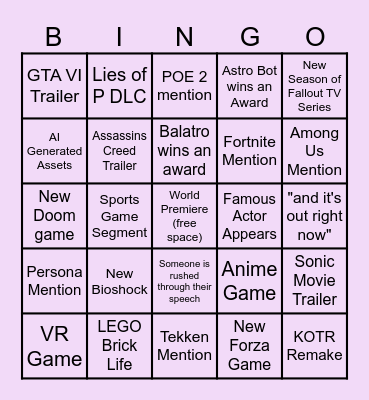 Game Awards Bingo 2024 Bingo Card