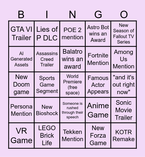 Game Awards Bingo 2024 Bingo Card