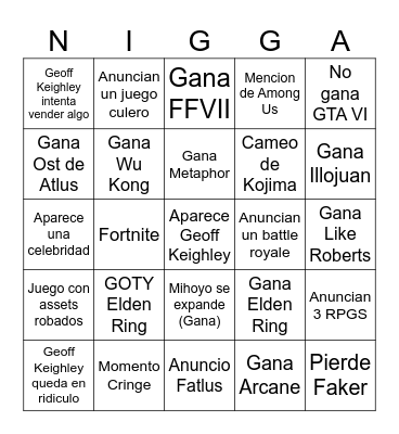 Game Awards Bingo Card