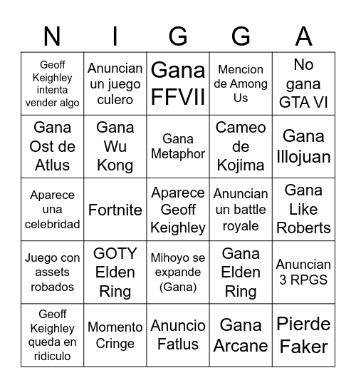 Game Awards Bingo Card