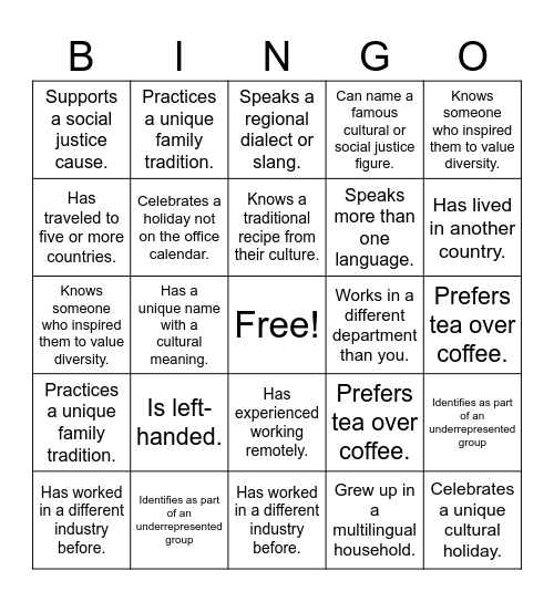 Diversity Bingo Card