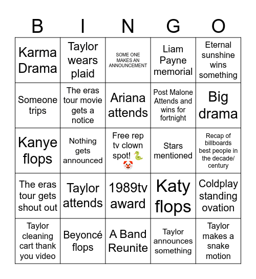 BBMAs Bingo Card