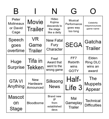 TGA 2024 Bingo! Bingo Card