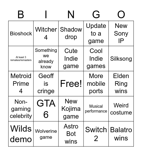 2024 Game Awards! Bingo Card