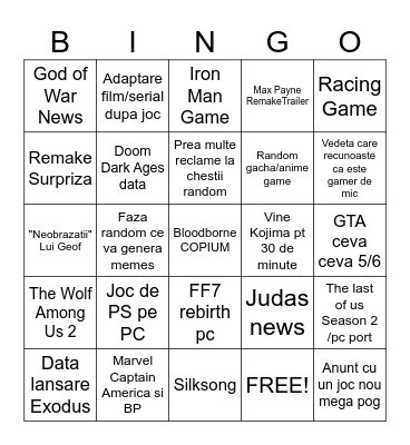 The Game Awards Bingo Card