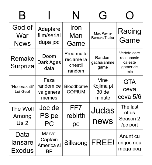 The Game Awards Bingo Card