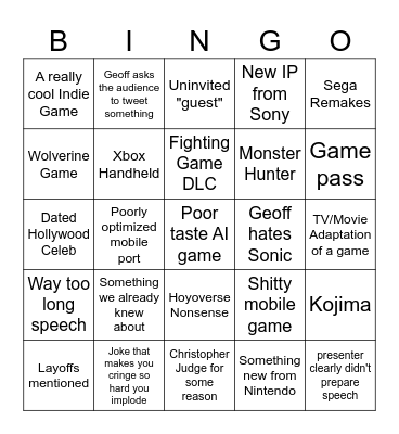 Game Awards 2024 Bingo Card
