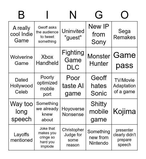 Game Awards 2024 Bingo Card