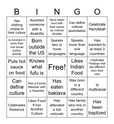 Cultural Diversity Bingo Card