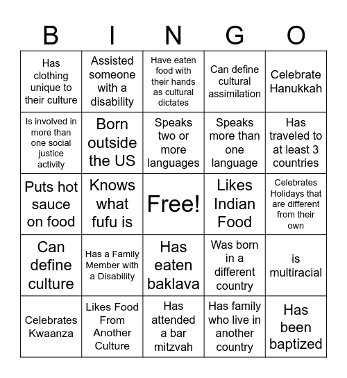 Cultural Diversity Bingo Card