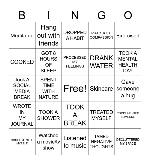 SELF CARE Bingo Card