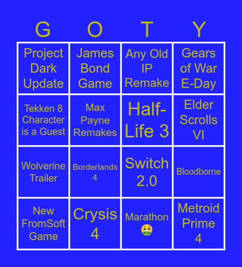 Game Awards Bingo Card