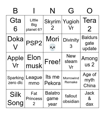 game awards Bingo Card