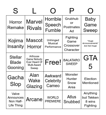 Game Awards Bingo Card