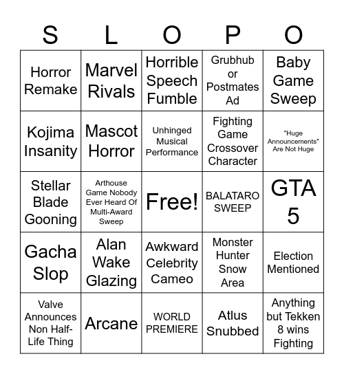 Game Awards Bingo Card