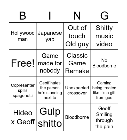 Game Awards Bingo Card