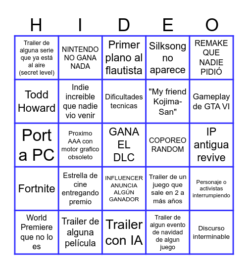 Bingo de los Game Awards Bingo Card