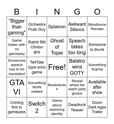 GOTY 2024 Bingo Card