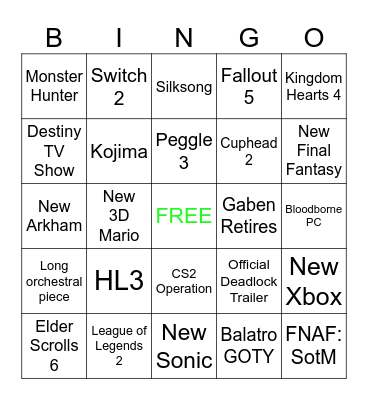 Game Awards Bingo Card
