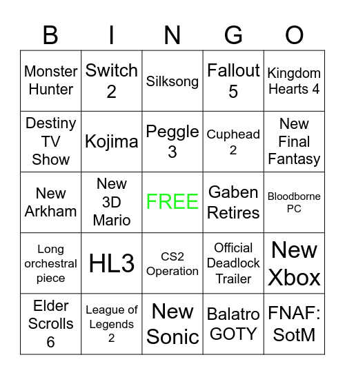 Game Awards Bingo Card